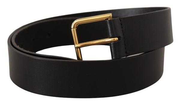 Black Calf Leather Gold Tone Logo Metal Buckle Belt