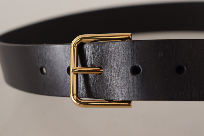 Black Calf Leather Gold Tone Logo Metal Buckle Belt