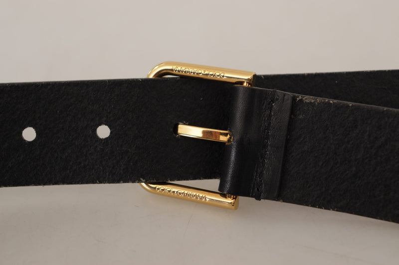 Black Calf Leather Gold Tone Logo Metal Buckle Belt