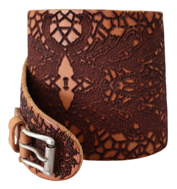 Brown Wide Leather Embroidered Design Logo Belt