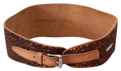 Brown Wide Leather Embroidered Design Logo Belt