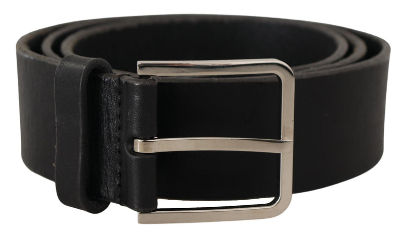 Black Leather Wide Metal Logo Engraved Buckle Belt