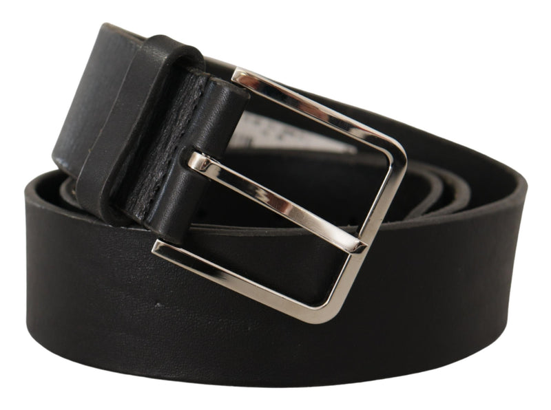 Black Leather Wide Metal Logo Engraved Buckle Belt