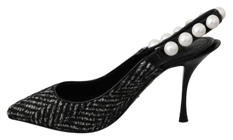 Black Chevron Pearls Heels Slingback Shoes