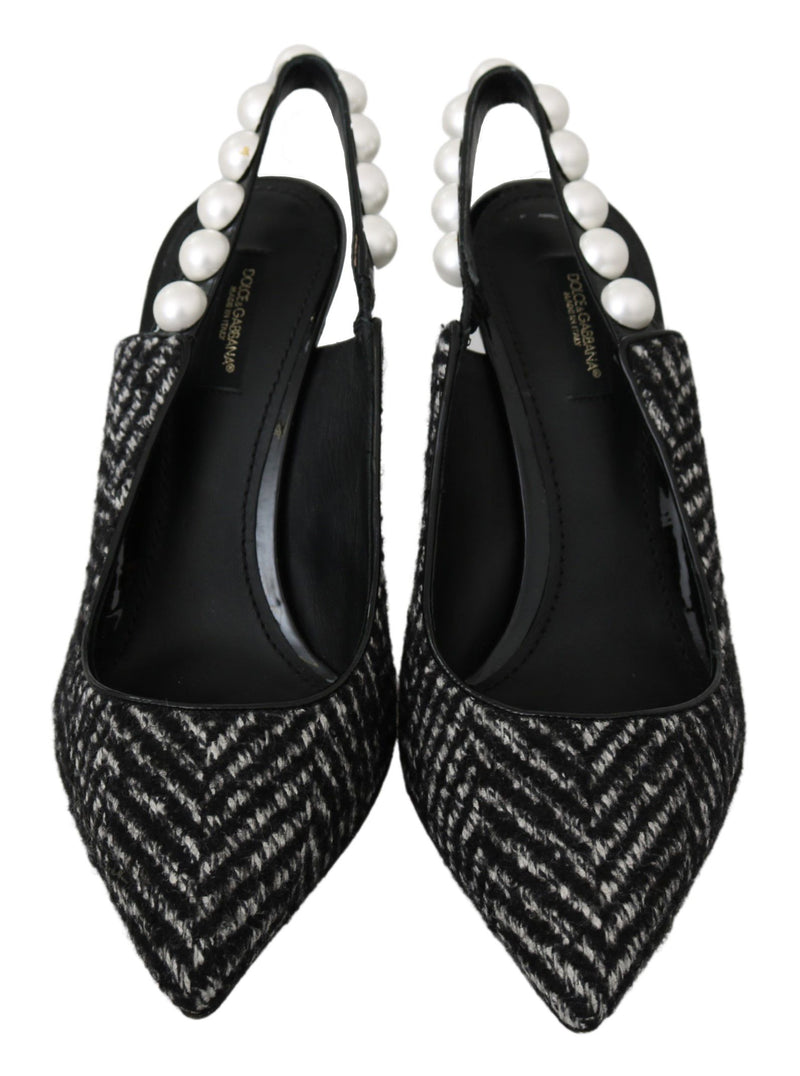 Black Chevron Pearls Heels Slingback Shoes