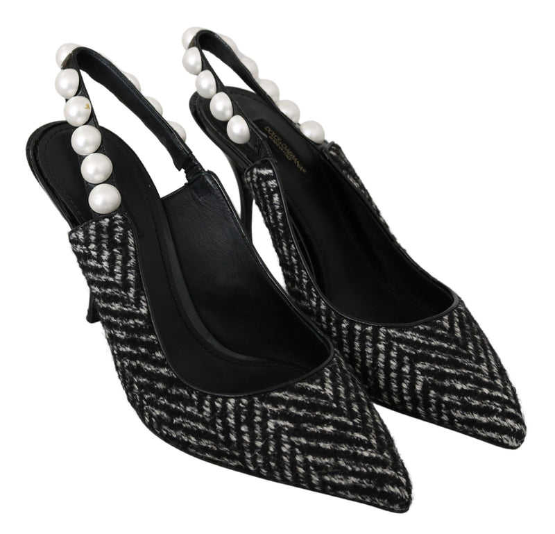 Black Chevron Pearls Heels Slingback Shoes