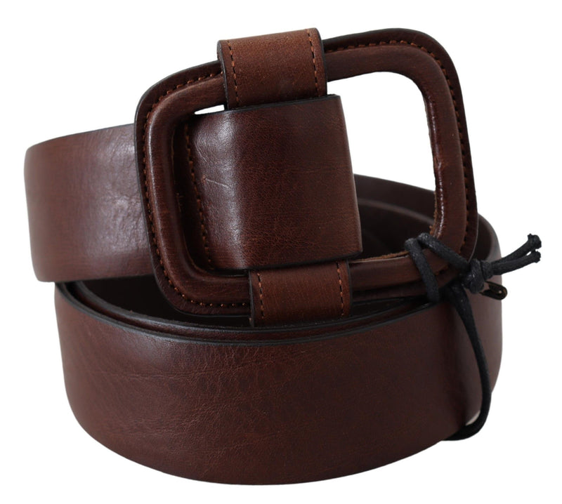 Brown Genuine Leather Solid Design Logo Buckle Belt