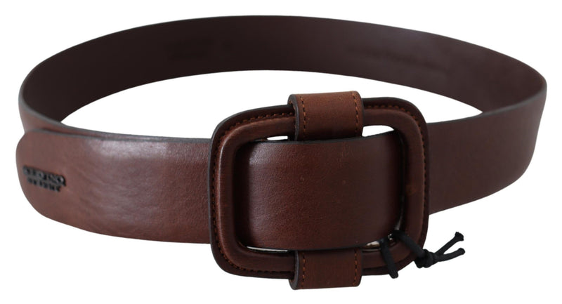 Brown Genuine Leather Solid Design Logo Buckle Belt