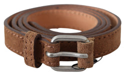 Brown Leather Slim Silver Buckle Waist Belt