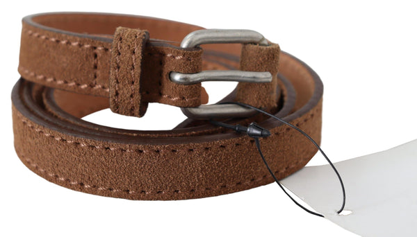 Brown Leather Slim Silver Buckle Waist Belt