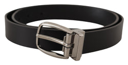 Black Classic Calf Leather Silver Metal Belt