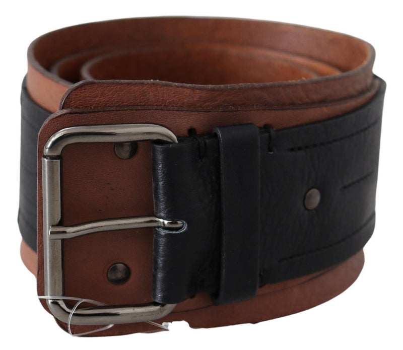 Black Brown Leather Wide Silver Buckle Belt