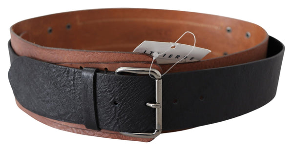 Black Brown Leather Wide Silver Buckle Belt