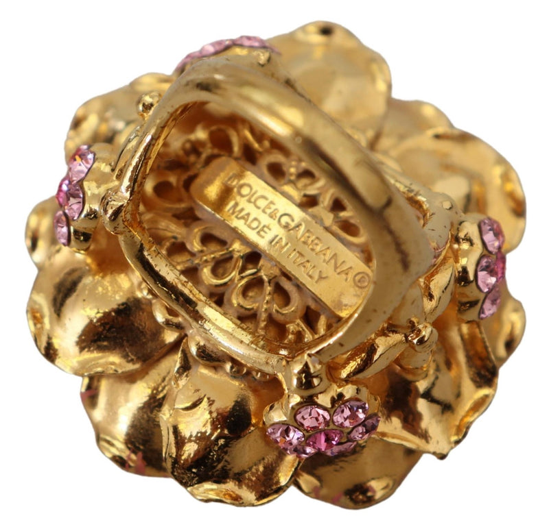 Gold Tone Brass Pink Crystal Resin Flower Ring