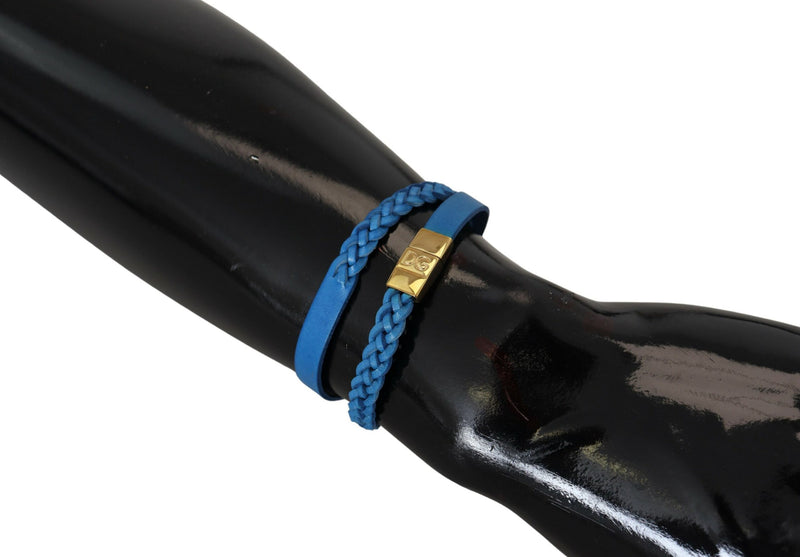 Blue Braided Wrap Around Leather Gold Brass Bracelet