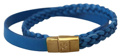 Blue Braided Wrap Around Leather Gold Brass Bracelet