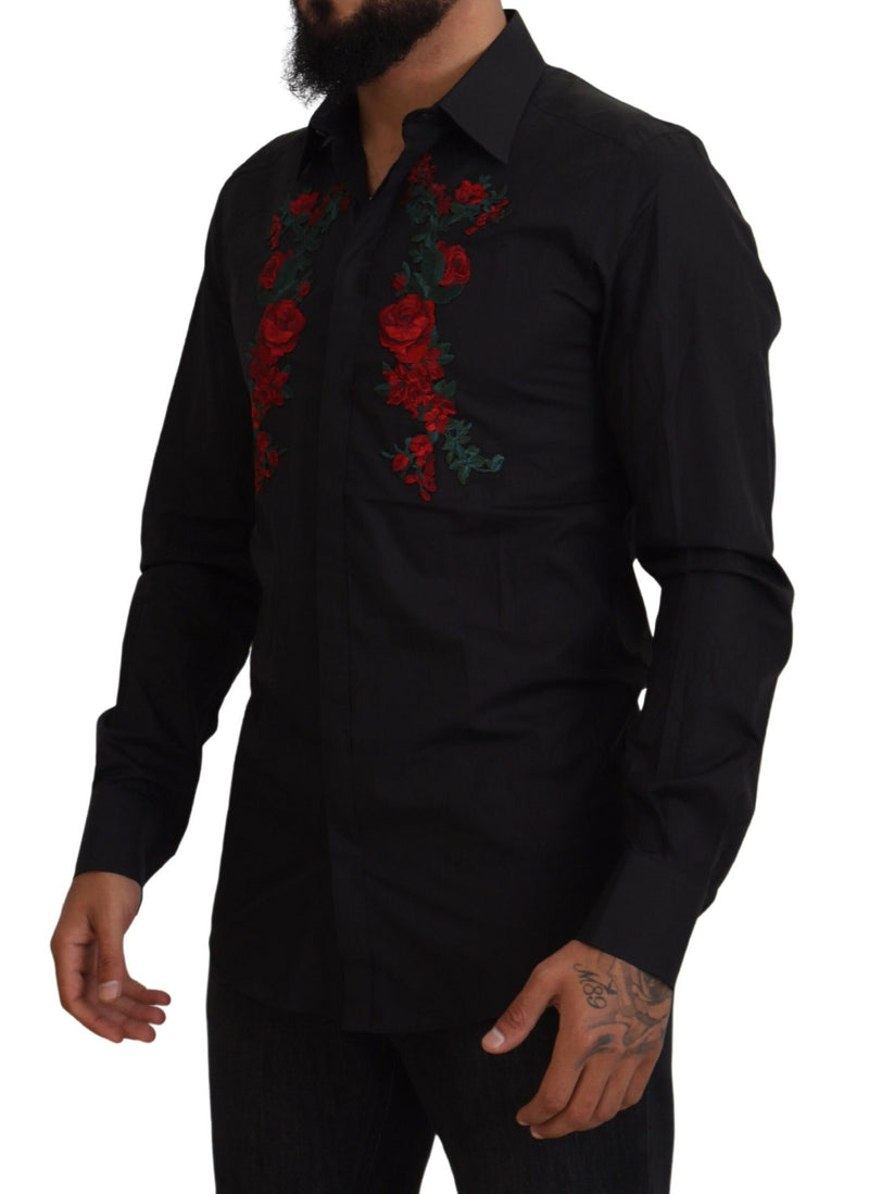 Black Floral Embroidery Men Long Sleeves GOLD Shirt