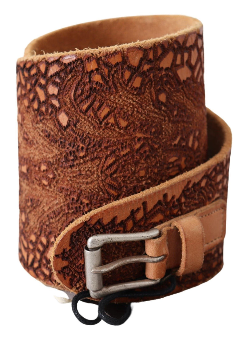 Brown Wide Leather Embroidered Design Belt