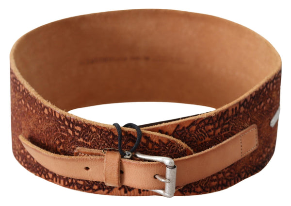 Brown Wide Leather Embroidered Design Belt