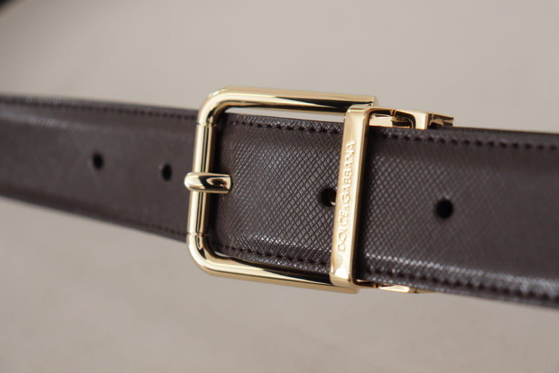 Brown Calf Leather Gold Logo Metal Buckle Belt