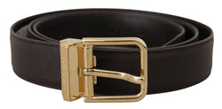 Brown Calf Leather Gold Logo Metal Buckle Belt