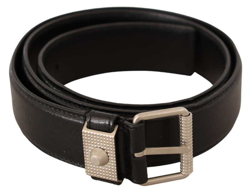 Black Genuine Leather Silver Tone Buckle Belt