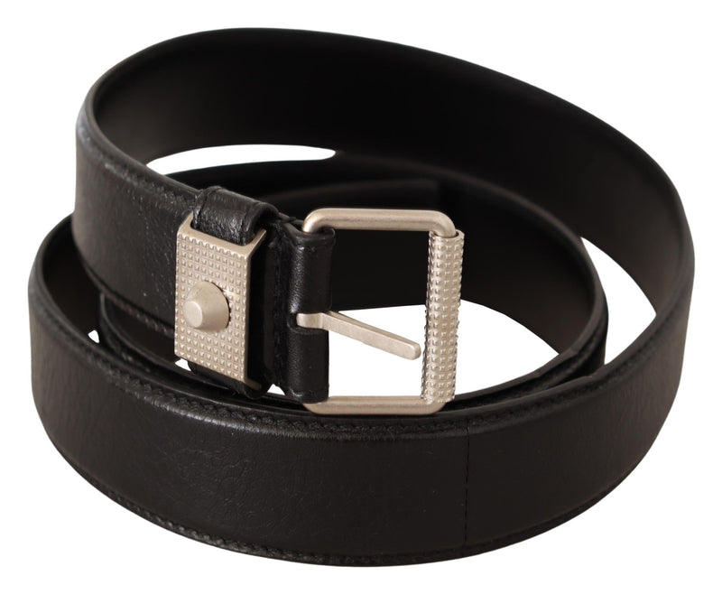 Black Genuine Leather Silver Tone Buckle Belt