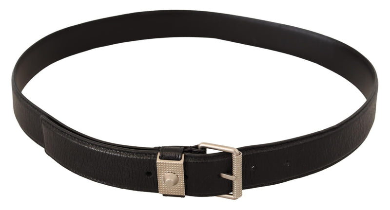 Black Genuine Leather Silver Tone Buckle Belt