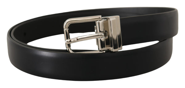 Black Calf Leather Silver Metal Logo Buckle Belt