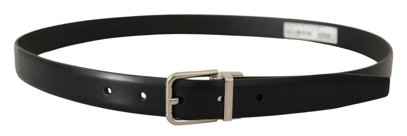 Black Calf Leather Silver Metal Logo Buckle Belt