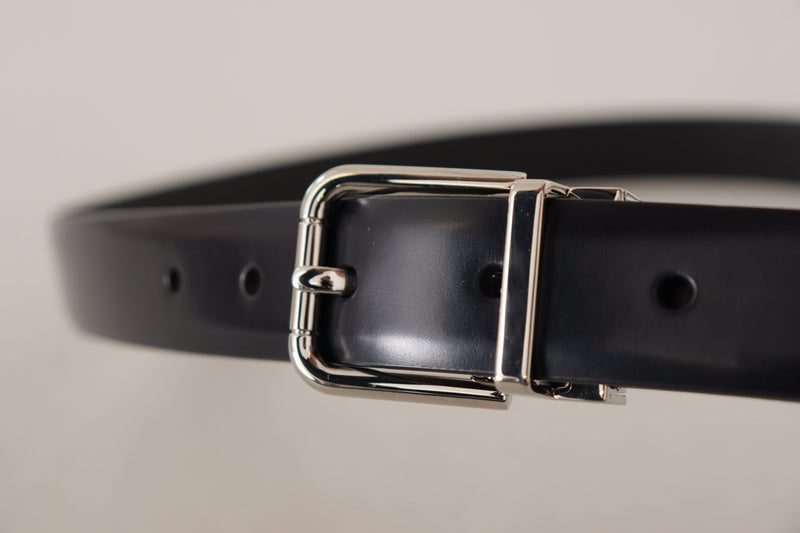 Black Calf Leather Silver Metal Logo Buckle Belt