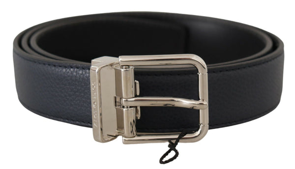 Navy Blue Leather Silver Tone Metal Buckle Belt