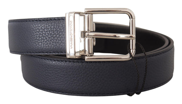 Navy Blue Leather Silver Tone Metal Buckle Belt