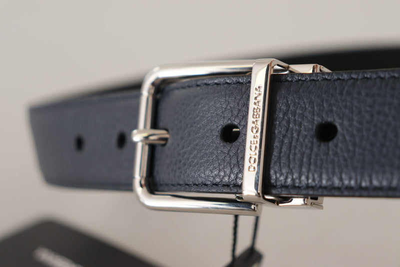 Navy Blue Leather Silver Tone Metal Buckle Belt