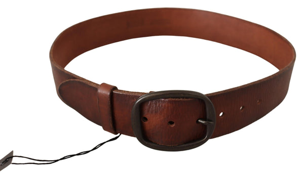 Brown Genuine Leather Oval Metal Buckle Waist Belt