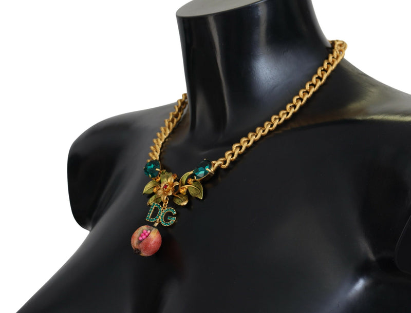 Gold Brass Crystal Logo Fruit Floral Statement Necklace