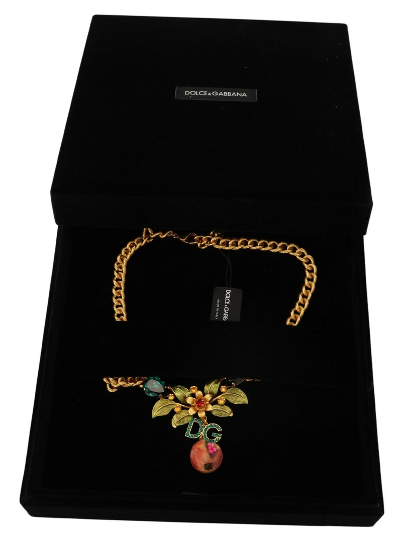 Gold Brass Crystal Logo Fruit Floral Statement Necklace