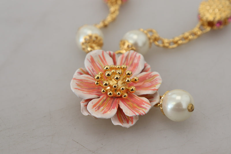 Gold Tone Floral Crystals Pink Embellished Necklace