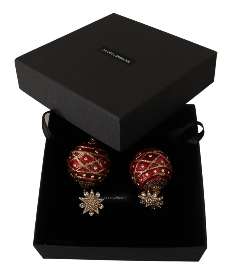 Christmas Ball Red Heart Crystal Gold Clip On Earrings