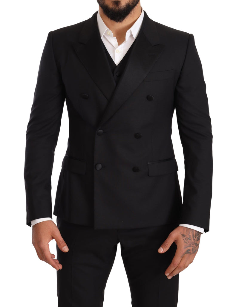 Black Wool Double Breasted Smoking 3 Piece Suit