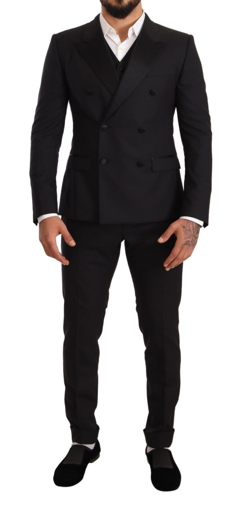 Black Wool Double Breasted Smoking 3 Piece Suit