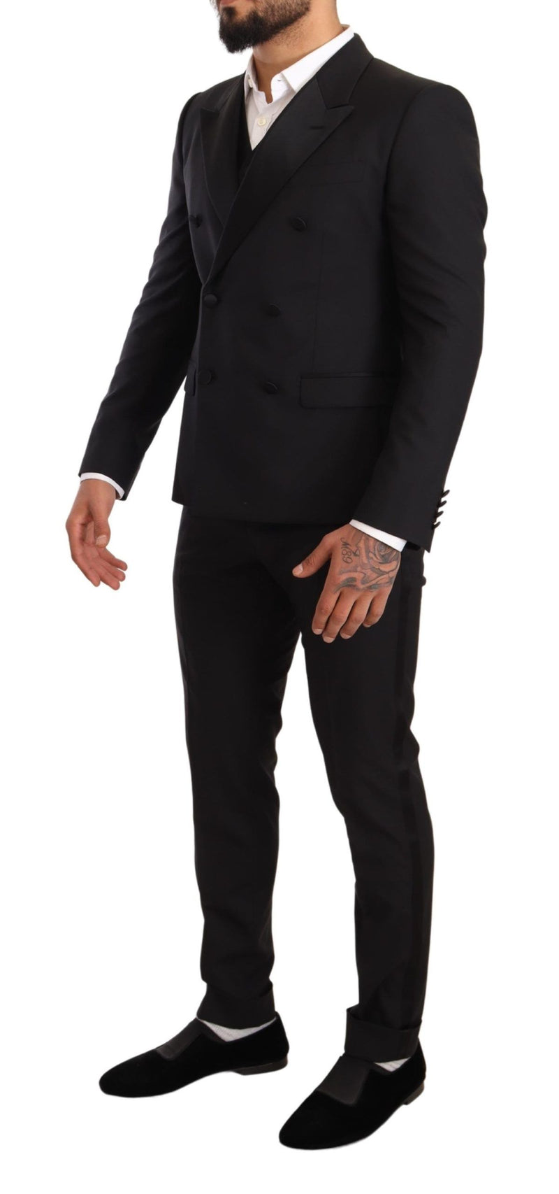 Black Wool Double Breasted Smoking 3 Piece Suit