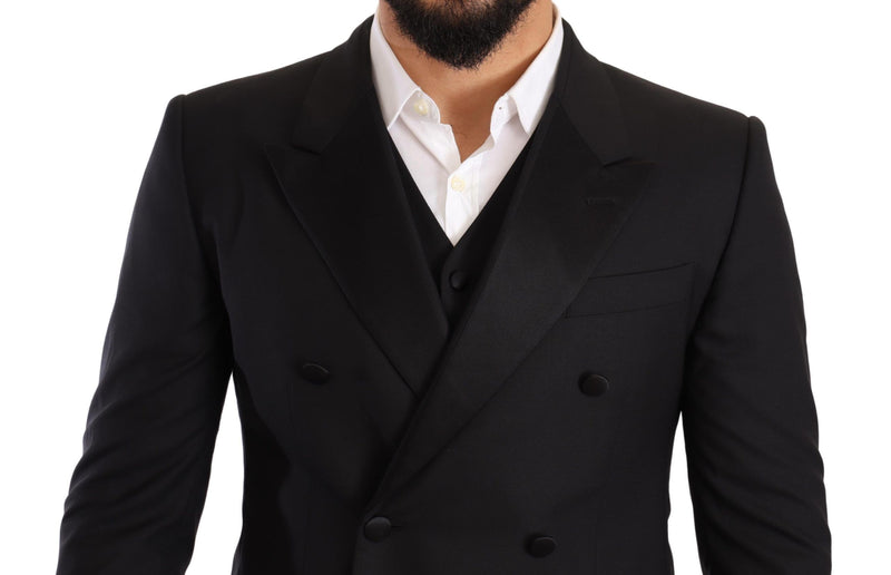 Black Wool Double Breasted Smoking 3 Piece Suit