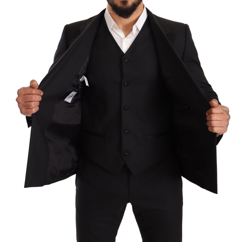 Black Wool Double Breasted Smoking 3 Piece Suit