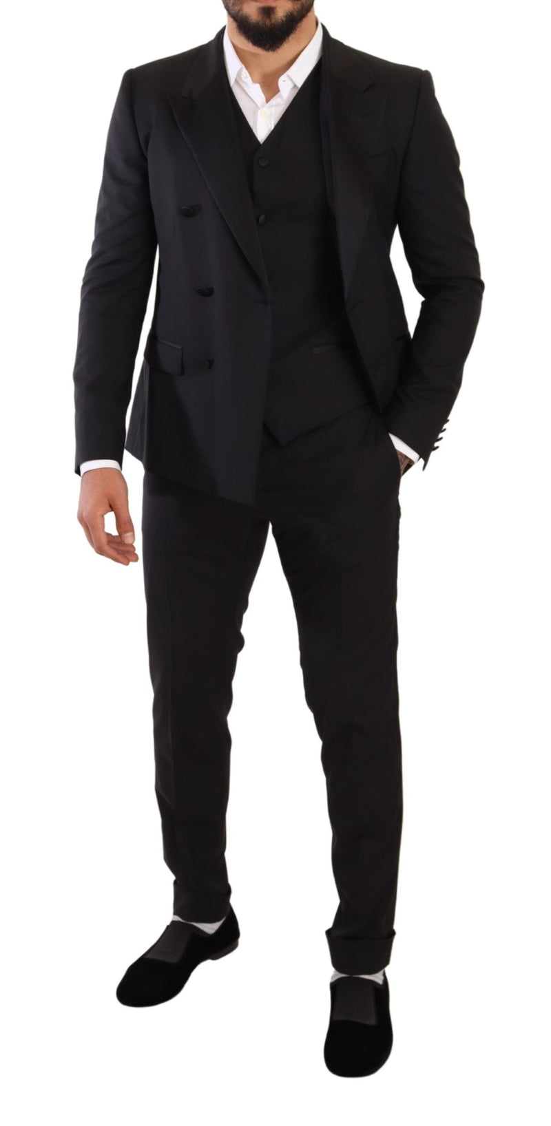 Black Wool Double Breasted Smoking 3 Piece Suit