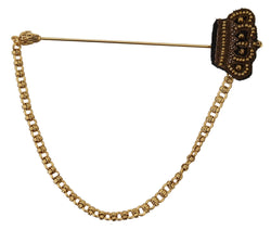 Gold Tone Brass Crown Studded Chain Pin Brooch