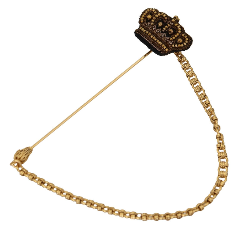 Gold Tone Brass Crown Studded Chain Pin Brooch