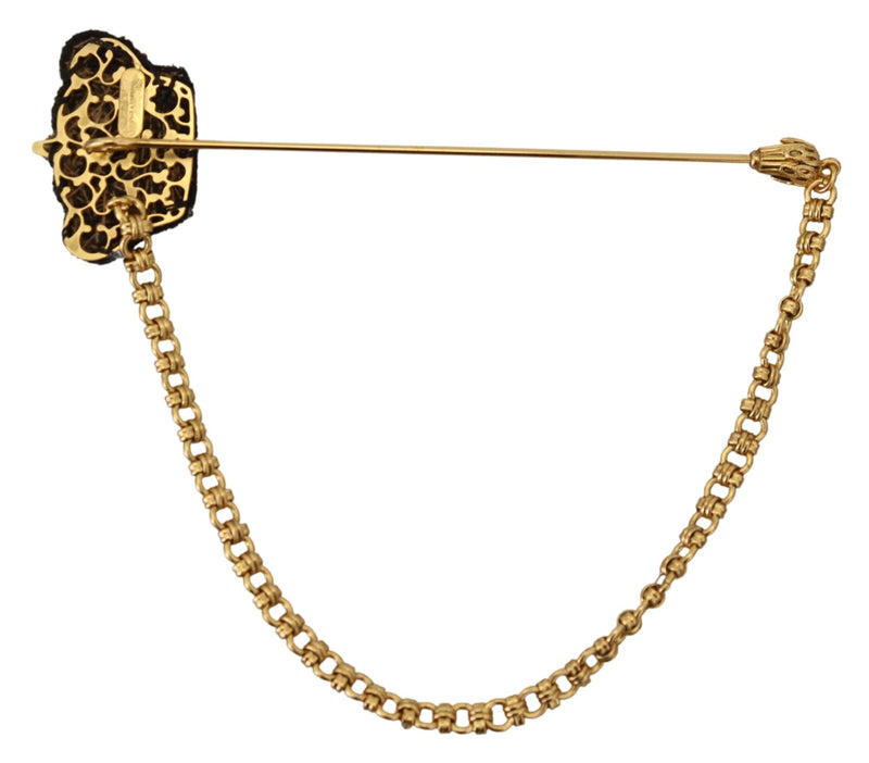 Gold Tone Brass Crown Studded Chain Pin Brooch