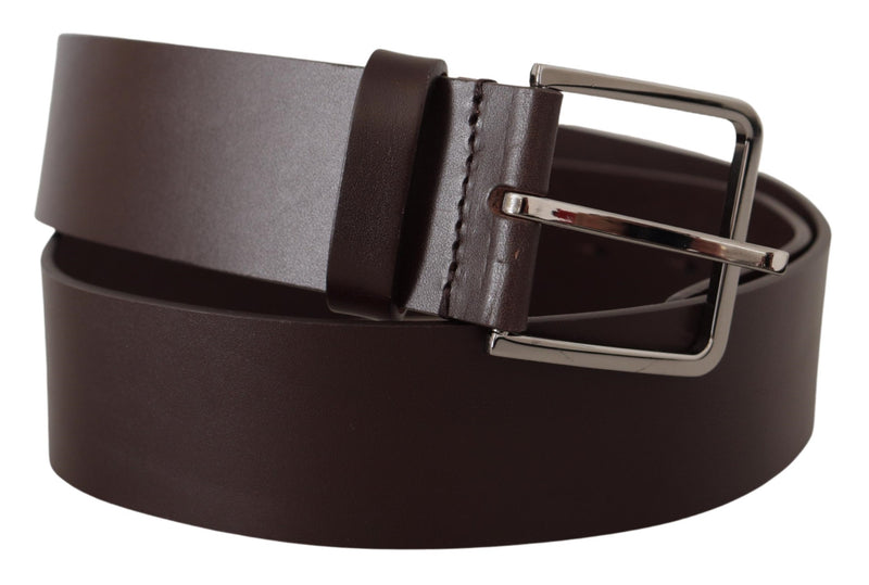 Brown Solid Calf Leather Logo Metal Buckle Belt