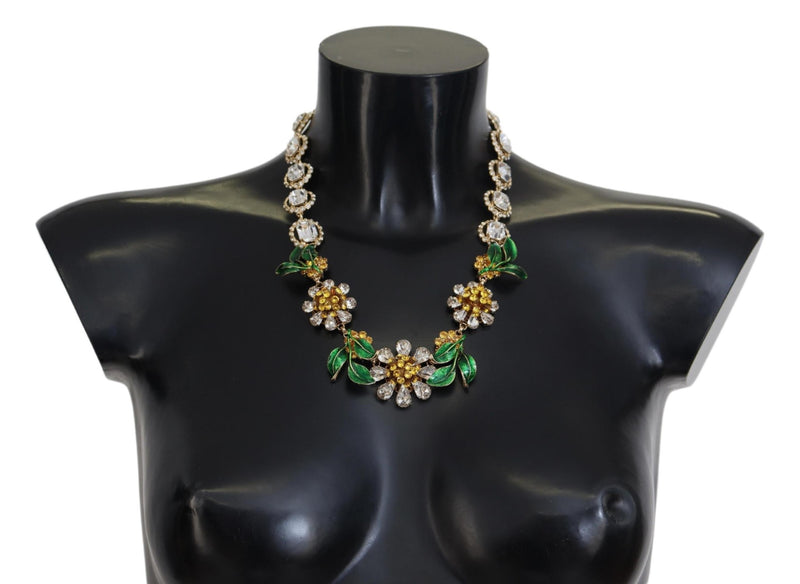 Gold Brass Crystal Logo Floral Statement Necklace